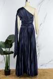 Deep Blue Casual Solid Fold Oblique Collar Long Dress Dresses