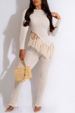 White Casual Solid Tassel Patchwork O Neck Short Sleeve Two Pieces