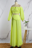 Yellow Casual Vacation Solid Slit Fold Off the Shoulder Long Sleeve Two Pieces