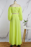 Green Casual Vacation Solid Slit Fold Off the Shoulder Long Sleeve Two Pieces