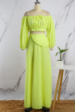 Green Casual Vacation Solid Slit Fold Off the Shoulder Long Sleeve Two Pieces