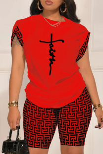 Red Casual Print Basic O Neck Short Sleeve Two Pieces