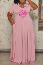 Pink Casual Letter Print Basic O Neck Short Sleeve Dress Plus Size Dresses