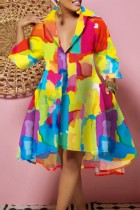 Yellow Casual Print Patchwork Turndown Collar Long Sleeve Plus Size Dresses