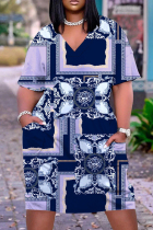 Blue Casual Print Basic V Neck Short Sleeve Dress