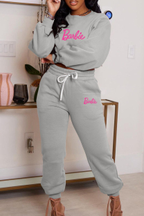 Grey Casual Letter Print Basic O Neck Long Sleeve Two Pieces