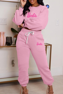 Pink Casual Letter Print Basic O Neck Long Sleeve Two Pieces