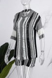 Grey Casual Striped Hollowed Out Buttons Contrast Turndown Collar Half Sleeve Two Pieces