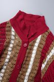 Burgundy Casual Striped Hollowed Out Buttons Contrast Turndown Collar Half Sleeve Two Pieces