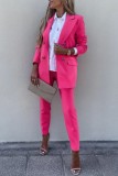 Pink Casual Solid Cardigan Pants Turn-back Collar Long Sleeve Two Pieces