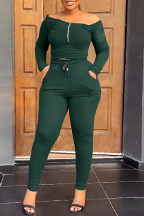 Ink Green Casual Solid Patchwork Off the Shoulder Long Sleeve Two Pieces