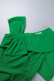 Green Casual Solid Patchwork Oblique Collar Pleated Dresses