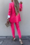 Pink Casual Solid Cardigan Pants Turn-back Collar Long Sleeve Two Pieces