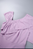 Light Purple Casual Solid Patchwork Oblique Collar Pleated Dresses
