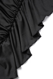 Black Sexy Solid Patchwork Fold V Neck Wrapped Skirt Dresses