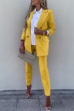 Yellow Casual Solid Cardigan Pants Turn-back Collar Long Sleeve Two Pieces