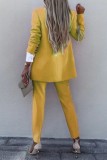 Yellow Casual Solid Cardigan Pants Turn-back Collar Long Sleeve Two Pieces