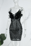 Black Sexy Party Formal Hot Drilling See-through Beading V Neck Sheath Dresses