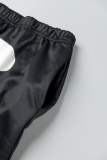 Black Casual Print Basic Plus Size High Waist Trousers