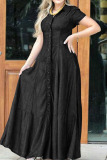 Black Casual Solid Patchwork Buckle Turndown Collar Short Sleeve Straight Denim Dresses
