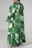 Green Casual Print Patchwork Buckle Flounce Turndown Collar Shirt Dress Plus Size Dresses(With Belt)