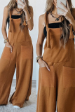 Dark Yellow Casual Solid Patchwork Pocket Knotted Spaghetti Strap Loose Jumpsuits
