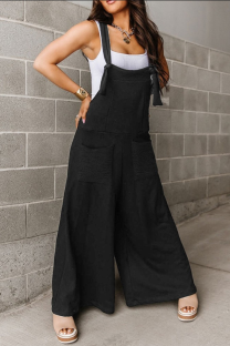 Black Casual Solid Patchwork Pocket Knotted Spaghetti Strap Loose Jumpsuits