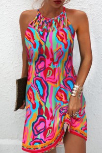 Rose Red Casual Print Hollowed Out O Neck Sleeveless Dress Dresses