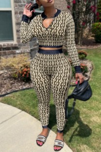 Khaki Casual Print Patchwork Zipper Collar Long Sleeve Two Pieces