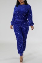 Blue Casual Patchwork Sequins O Neck Long Sleeve Two Pieces
