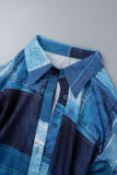 Royal Blue Casual Print Patchwork Buckle Flounce Turndown Collar Shirt Dress Plus Size Dresses(With Belt)