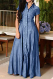 Blue Casual Solid Patchwork Buckle Turndown Collar Short Sleeve Straight Denim Dresses
