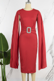 Red Casual Solid Patchwork Pleated O Neck Dresses