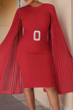 Red Casual Solid Patchwork Pleated O Neck Dresses