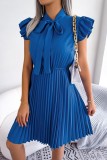 Royal Blue Casual Solid Patchwork O Neck Pleated Dresses
