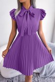 Black Casual Solid Patchwork O Neck Pleated Dresses