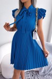 Black Casual Solid Patchwork O Neck Pleated Dresses
