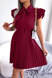 Burgundy Casual Solid Patchwork O Neck Pleated Dresses