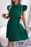 Burgundy Casual Solid Patchwork O Neck Pleated Dresses
