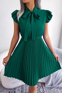 Green Casual Solid Patchwork O Neck Pleated Dresses