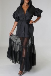 Black Casual Solid Patchwork Turndown Collar Shirt Dress Dresses(With a belt)