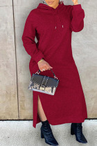 Burgundy Casual Solid Patchwork Slit Hooded Collar Plus Size Dresses