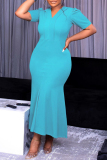 Blue Casual Solid Patchwork V Neck Short Sleeve Dress