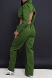 Army Green Casual Solid Frenulum Backless Turndown Collar Long Sleeve Two Pieces