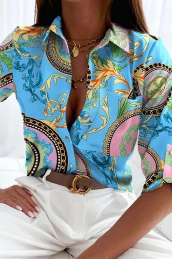 Blue Casual Print Patchwork Shirt Collar Plus Size Tops