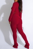 Red Casual Solid Frenulum O Neck Long Sleeve Two Pieces