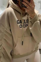 Beige Casual Print Fold Letter Hooded Collar Tops