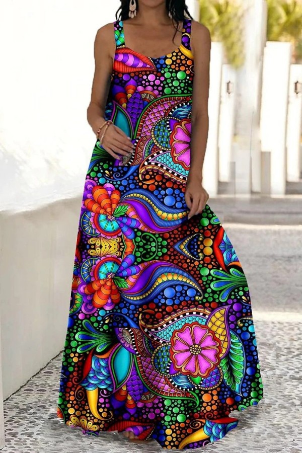Blue Casual Print Hot Drill Spaghetti Strap Long Dress Dresses