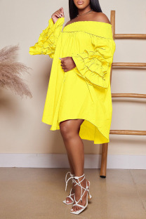Yellow Casual Solid Patchwork Fold Off the Shoulder Princess Dresses