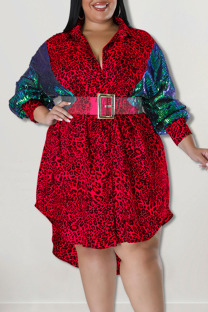 Red Casual Print Leopard Patchwork Buckle Asymmetrical Turndown Collar Shirt Dress Plus Size Dresses